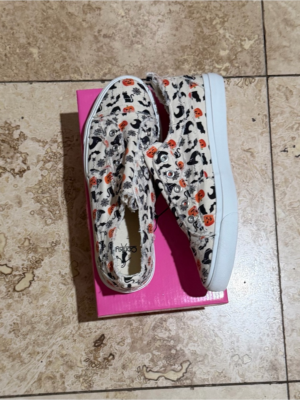 Corkys Cream Canvas Slip-On Sneakers with Orange Pumpkin & Black Cat Print